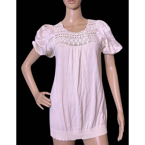 BCBG Crochet Large Silk Cotton Puffed Sleeve Pullover Ivory Cottagecore Size L - Picture 1 of 13